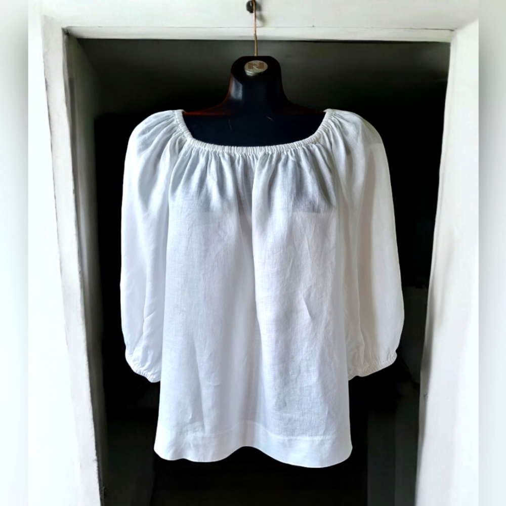 H&M 💯% Linen White Flowy Blouse with Balloon Sleeves